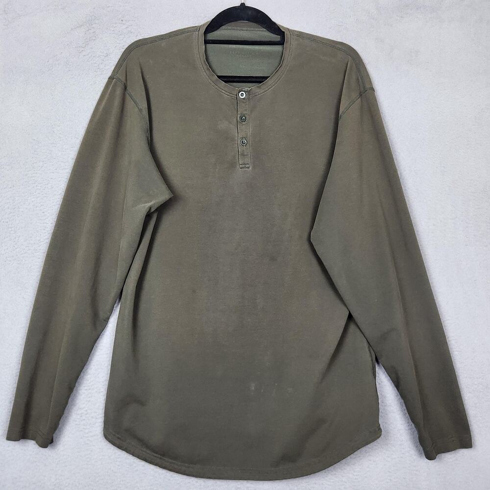 BYLT Basics Shirt Mens Large Green Long Sleeve Henley Drop Cut Curved Hem Tee